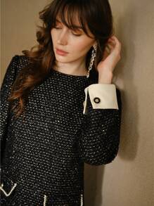 MOTF STUDIO TWEED CONTRAST PIPING FLAP DETAIL MIDI DRESS, NEW YEAR OUTFIT