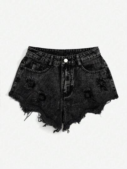 Plus Size Casual Distressed Frayed Hem Denim Shorts