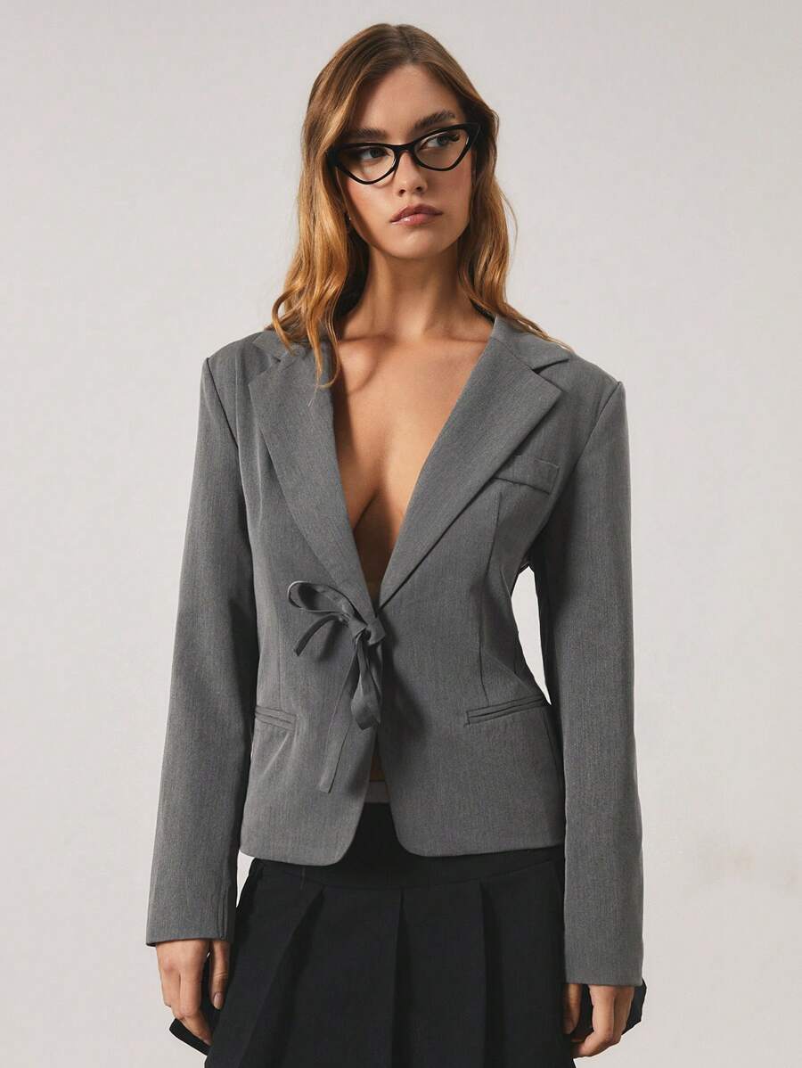 SHEIN Unity Women's Solid Color Casual Lace-Up Blazer For Autumn - Dark Grey - View 1