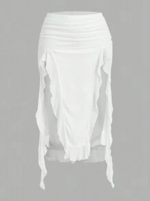 Sweetina Solid Color Asymmetric Ruffle Hem Elegant A-Line Skirt