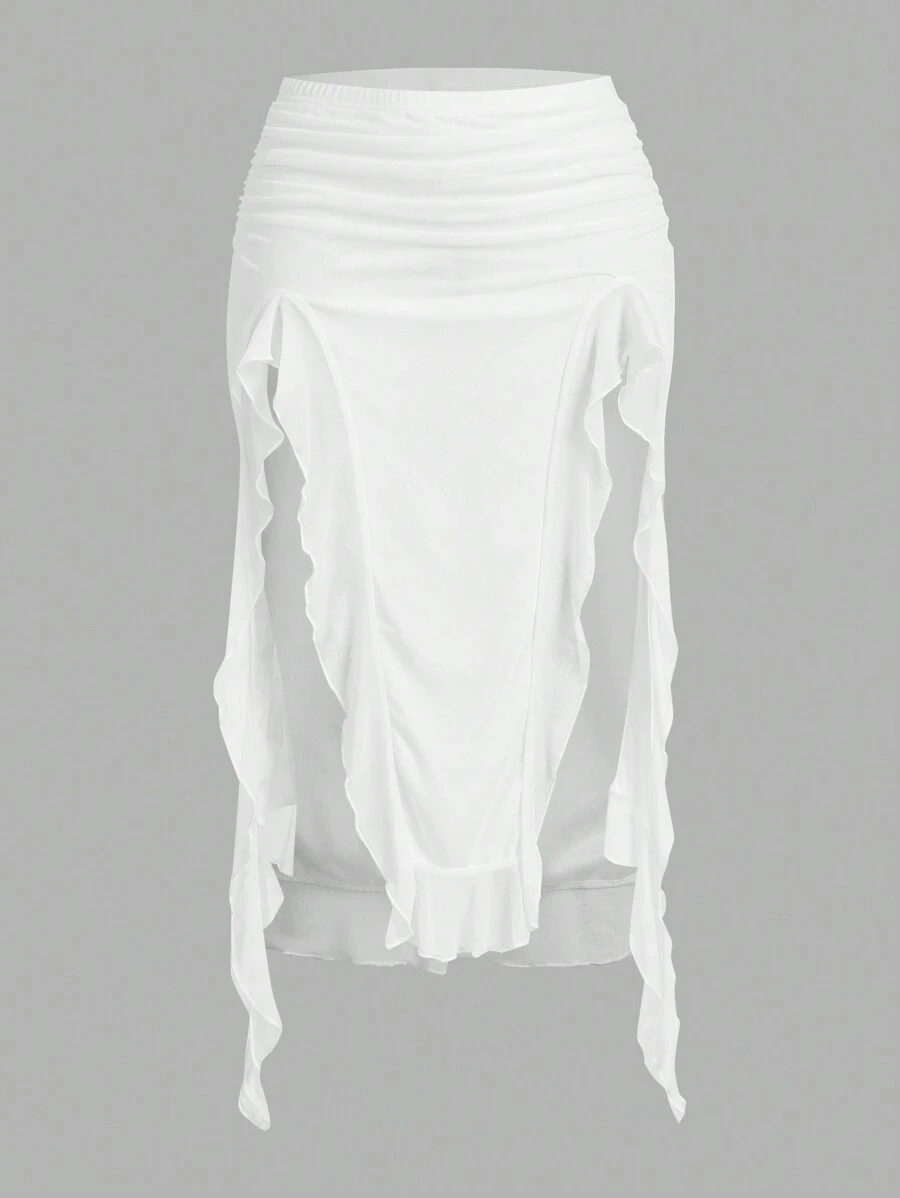 Sweetina Solid Color Asymmetric Ruffle Hem Elegant A-Line Skirt