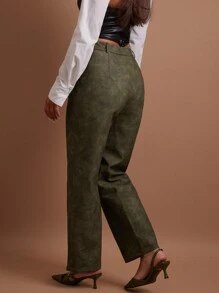 COSMINA Women's Army Green PU Leather Straight-Leg Pants For Autumn/Winter