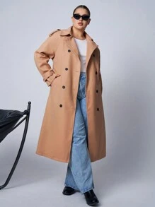 SHEIN EZwear 秋冬季大码棕色休闲风衣 - 棕色 - 查看 4