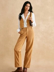 Poéselle 春季黄色法式两件套女士麂皮休闲前扣无袖露脐上衣和直筒裤，女士无袖上衣和裤子套装，春季麂皮套装，春季服装，女士西式服装 - 卡其色 - 查看 4