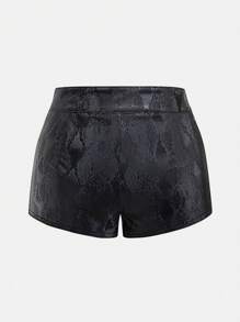 SHEIN Unity Women Elastic Waist Snake Skin Print Mini Shorts With Pockets - Black - View 2