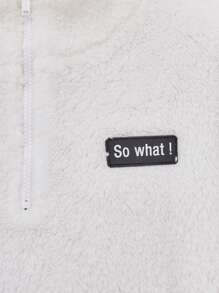 SHEIN Little Byeori Tween Girl Slogan Patched  Pocket Half Zip Teddy Sweatshirt,In Fall/Winter - White - View 6