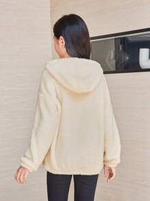 SHEIN Tween Girl Letter Embroidery Half Zip Teddy Sweatshirt - Beige - View 2