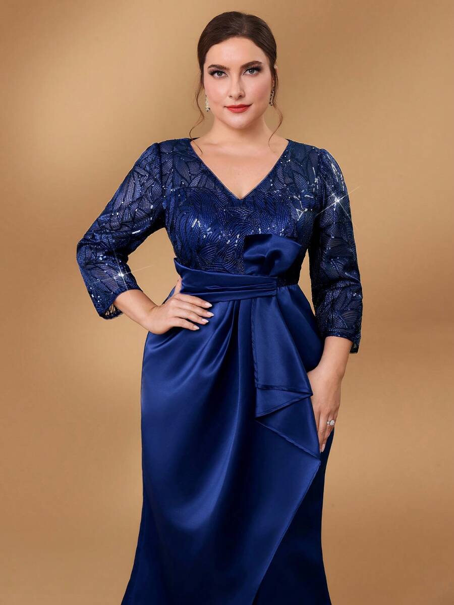 Serin Vestido elegante y lujoso de la madre de la novia para bodas, gala y banquetes, de material de satén elástico con bordado de malla con lentejuelas azul marino, escote en V profundo, recogido y con volantes en la Bottom - Azul Marino - Ver 1