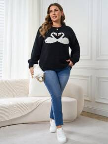 SHEIN EZwear 大码女式休闲日常天鹅图案落肩宽松立领毛衣，适合冬季秋季穿着。 - 黑色 - 查看 3