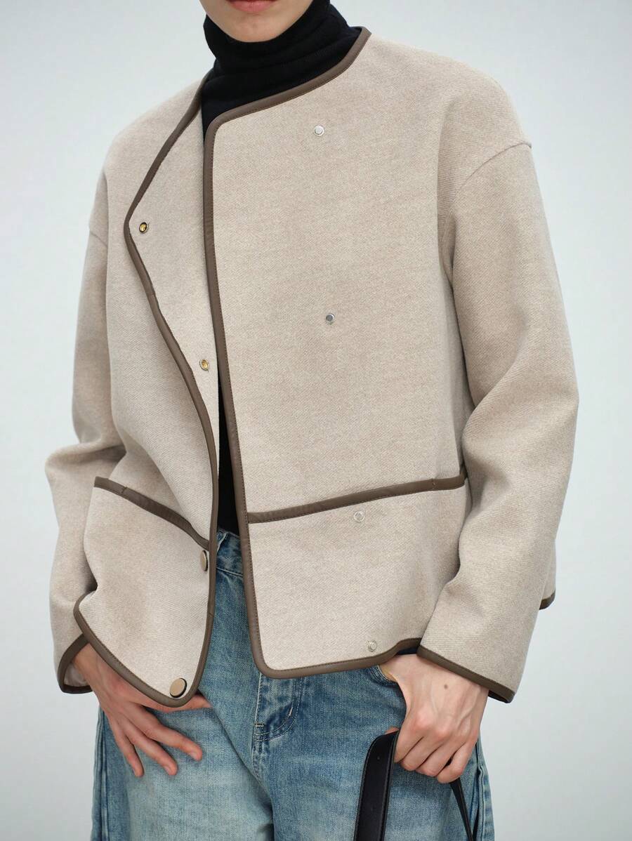 SHEIN LUNE 女士休闲日常撞色饰边纽扣大衣,秋季 - 卡其色 - 查看 1