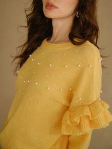 MOTF STUDIO SOLID LAYERED RUFFLE TRIM FAUX PEARL SWEATER - Yellow - View 3
