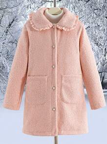 SHEIN 青少年女孩毛茸茸领子系带保暖优雅外套
