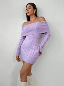 Aloruh 女士紫色露肩粗针织毛衣裙，秋冬款 - 紫色 - 查看 4