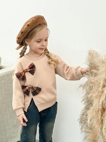 SHEIN LMoss Kids LMoss Young Girl Young Girl Knitted Solid Color Round Neck Patchwork Plaid Bow Decor Loose Casual Sweatshirt