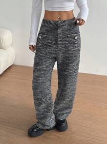 SHEIN Unity 1 Piece Black&White Woollen Wide-Leg Pants,Women's Autumn Elegant Office Casual Long Trousers With Patch Pockets,Decorative Buttons Low Waist Cloth - Black and White - View 6