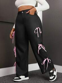 Plus Size Women Straight Leg Pants With Elastic Coating & Pink Bowknot Decoration Fall Cloth For Women - Black - View 1