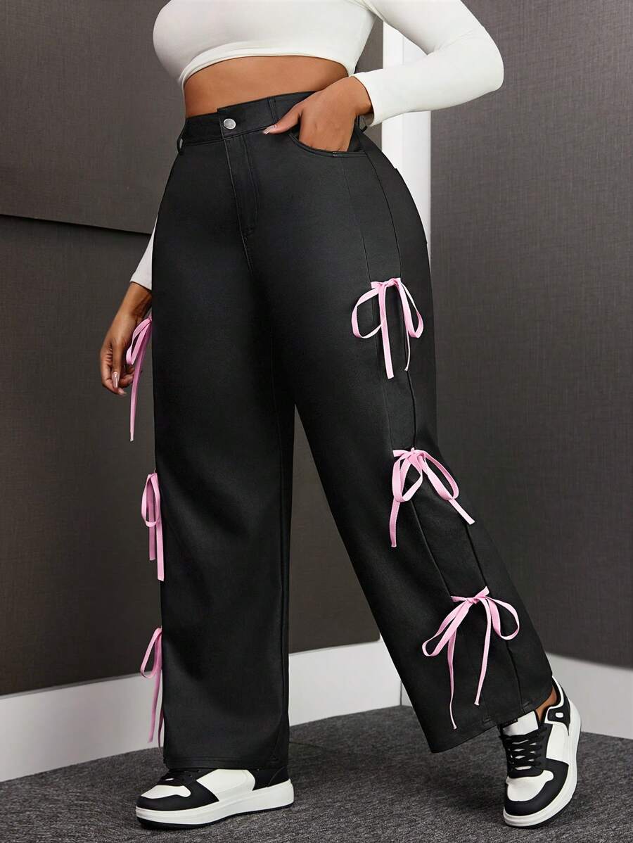 Plus Size Women Straight Leg Pants With Elastic Coating & Pink Bowknot Decoration Fall Cloth For Women - Black - View 1