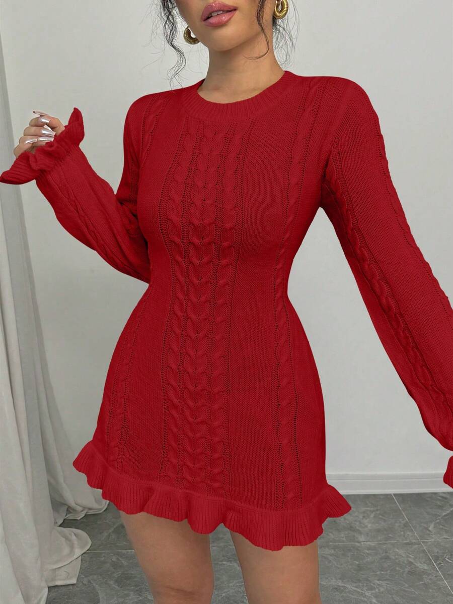 Elenzga Robe pull élégante pour femme à col rond, manches évasées et ourlet volantépour le automne/hiver, idéale pour le Nouvel An