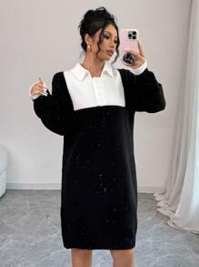 Elenzga Damen Farbblockkleid mit langem Arm, formanliegend und elegant