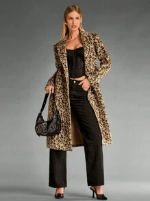 SHEIN BAE Women's Leopard Print Lapel Neck Long Sleeve Long Overcoat, Fashion For Autumn