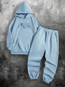 SHEIN 2pcs Loose Fit Teen Boy Letter Print Hoodie Sweatshirt And Shorts Set