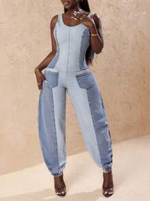 Slaydiva 女士休闲双色露背前拉链牛仔连身裤