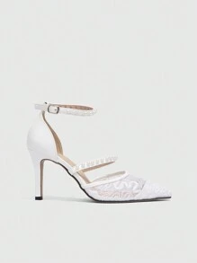 CUCCOO HITCHD 时尚性感网眼蕾丝珍珠装饰水钻尖头高跟鞋新娘婚鞋 - 白色 - 查看 4