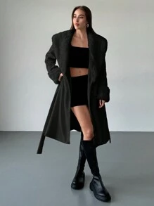 Aloruh Women's Solid Color Knitted Collar Patchwork Overcoat, Autumn/Winter, Casual,Black,Long Sleeve