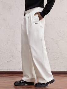 AKNOTIC Party 1 件装男士编织纯白色字母刺绣中腰直筒休闲宽松裤，适合日常穿着，适合男朋友