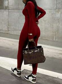 1pc Casual Solid Color Zipper Skinny Jumpsuit Pants, Autumn