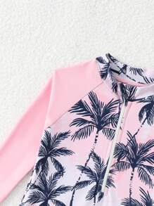 SHEIN Traje de baño de una pieza con estampado de palmeras, mangas largas, cierre y volantes para niñas pequeñas - Multicolor - Ver 4