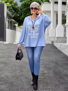 EMERY ROSE 大码冬季女式蓝色字母印花休闲连帽长袖运动衫 - 藍色 - 查看 5