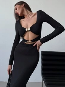 Aloruh Fashionable Long Sleeve Metal Button Hollow Out Bodycon Black Dress For Women
