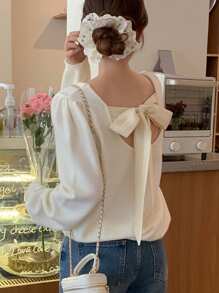 DAZY 1 pieza Suéter casual de mujer con lazo y espalda descubierta de manga larga, ropa de mujer de otoño - Albaricoque - Ver 3