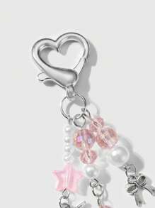 ROMWE Kawaii 1pc Refined & Cute Girl Minimalist Academic Style Silver Chain Faux Pearl & Crystal Round Ball Stars Strawberry Bow Cartoon Phone Pendant Keychain Bag Charm, Suitable For Women, Daily Wear, Holiday Gift Valentines - Pink - View 8