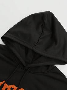 Manfinity Roghcode 年轻男士街头风格 INS 黑橙拼色字母 3D 刺绣撞色多条纹连帽长袖卫衣喇叭裤套装，男士运动服，男士服装，男士两件套服装 - 黑色 - 查看 5