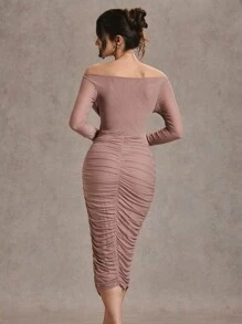 SHEIN BAE 1 pieza Vestido asimétrico para mujer con tirantes cruzados y fruncidos, fuera del hombro, de unicolor, adecuado para cócteles, citas románticas, capa inferior de otoño/invierno, fiestas, clubes, eventos formales, dama de honor, vestido de noche, vestido de Halloween, vestido de Navidad