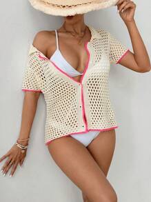 Women Ribbed Short Sleeve Single-Breasted Hollow Minimalist Cardigan Summer - Apricot - View 5