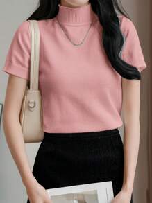 EMERY ROSE Women Solid Color Turtleneck Fitted Pullover Short Sleeve Knit Top, Autumn & Winter - Baby Pink - View 6