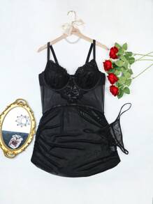 2pcs/Set Plus Size Sexy Lace Contrast Mesh Lingerie Nightdress And G-String - Black - View 4