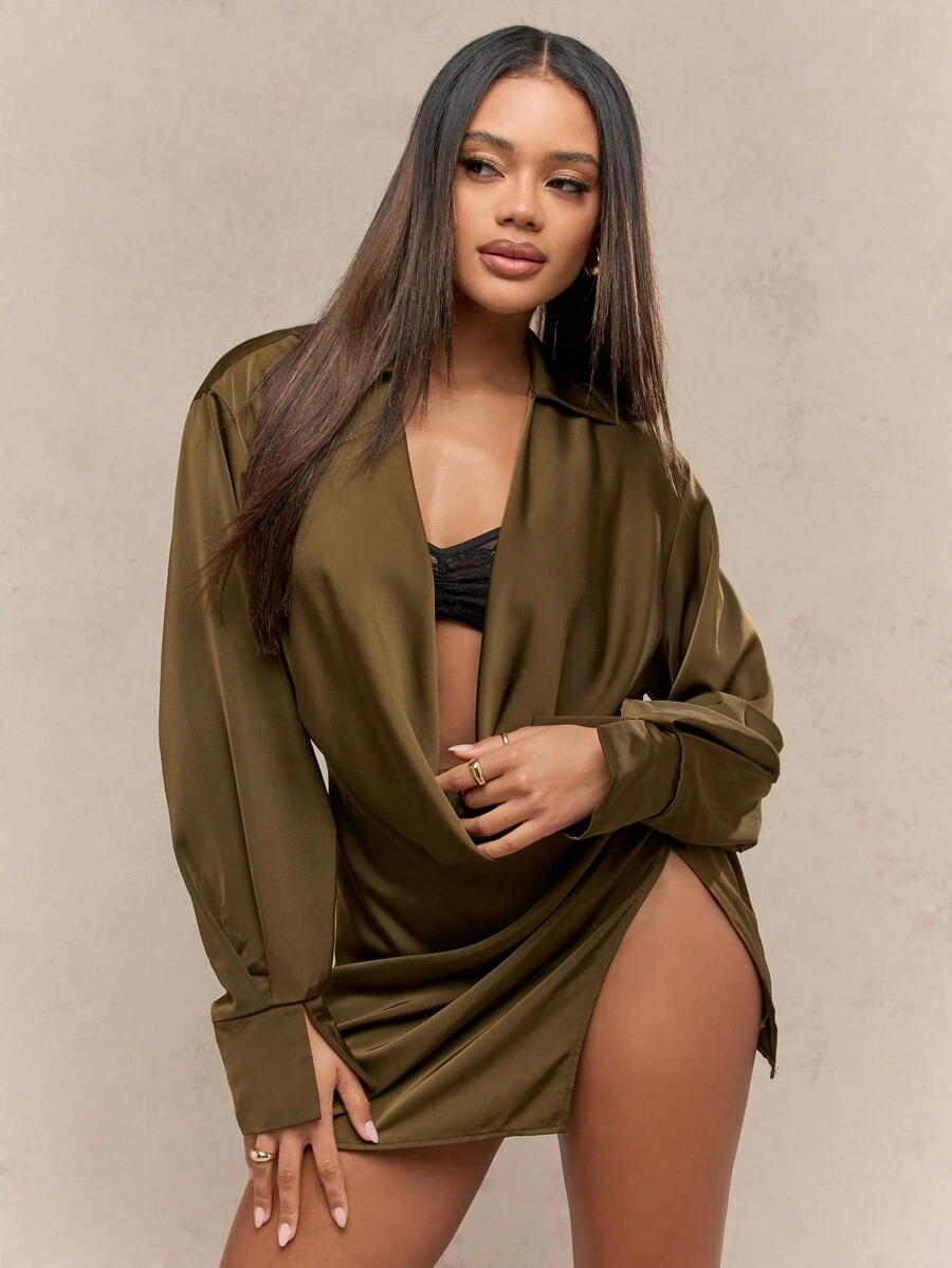 MISSGUIDED Olive Satin Cowl Neck Wrap Mini Dress With Long Sleeves MISSGUIDED