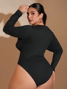 SHEIN BAE Plus Size Women's Autumn And Winter Mesh Splicing Knitted Neckline Slightly Transparent Long Sleeve Bodysuit,Women's Autumn And Winter Fashionable Black Corset With Cup Details Bra Spliced ​​Mesh Sleeves Outing Top Black Top Shirt Sexy See-Through Long-Sleeved Sleeves, Super Versatile,Thanksgiving, Christmas, New Year,Birthday, Outing,Hot,Bodysuit, Minimalist