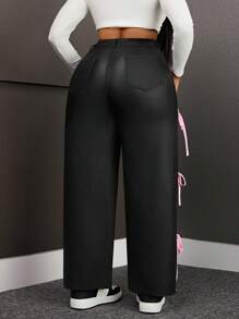 Plus Size Women Straight Leg Pants With Elastic Coating & Pink Bowknot Decoration Fall Cloth For Women - Black - View 2