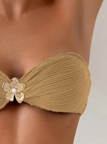 SHEIN Swim Metal Flower Decor Textured Bandeau Bikini Set For Women, Summer Beach - Khaki - View 8