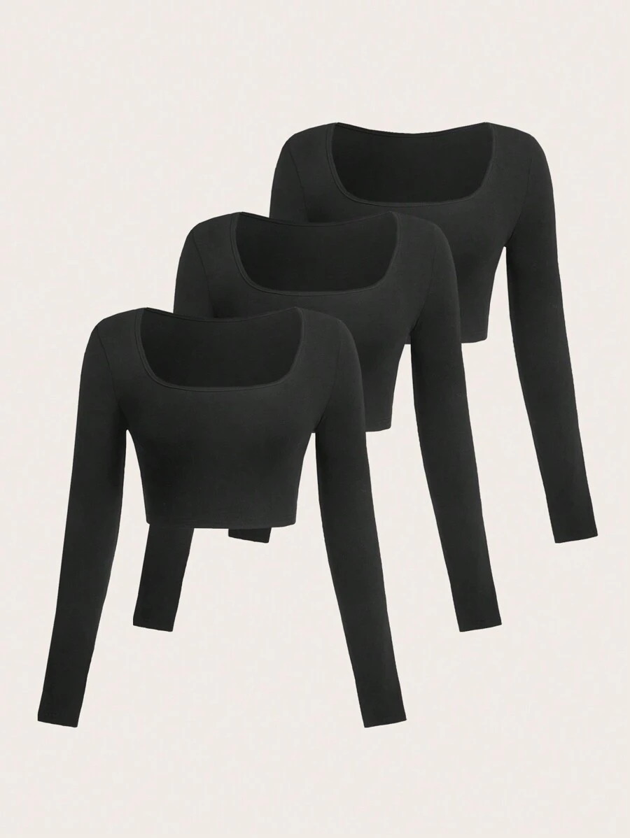 SHEIN EZwear Camiseta de manga larga ajustada de cuello redondo tejida en colores múltiples para mujer - Negro - Ver 1