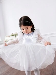 SHEIN Adorable y elegante vestido formal sin mangas con volantes y encaje para niña - Blanco - Ver 3