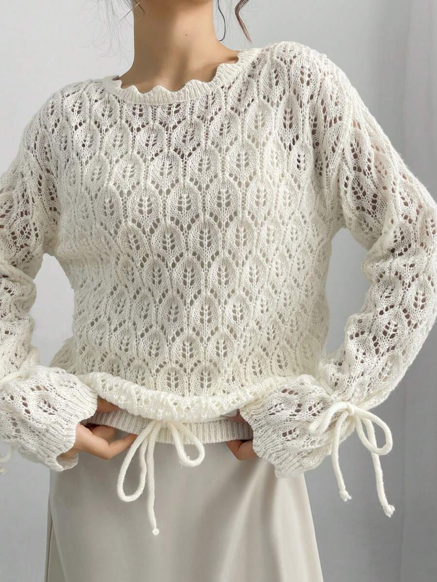 SHEIN LUNE 女士纯色蕾丝边镂空休闲毛衣 - 白色 - 查看 1