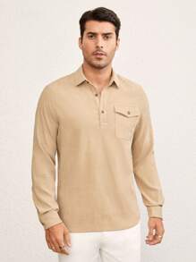 Manfinity VCAY 1pc Men's Slim Fit Casual Stand Collar Long Sleeve Shirt, Suitable For Autumn - Khaki - View 5