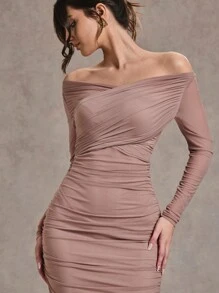 SHEIN BAE 1 pieza Vestido asimétrico para mujer con tirantes cruzados y fruncidos, fuera del hombro, de unicolor, adecuado para cócteles, citas románticas, capa inferior de otoño/invierno, fiestas, clubes, eventos formales, dama de honor, vestido de noche, vestido de Halloween, vestido de Navidad