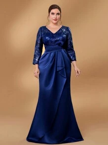 Serin Vestido elegante y lujoso de la madre de la novia para bodas, gala y banquetes, de material de satén elástico con bordado de malla con lentejuelas azul marino, escote en V profundo, recogido y con volantes en la Bottom - Azul Marino - Ver 5